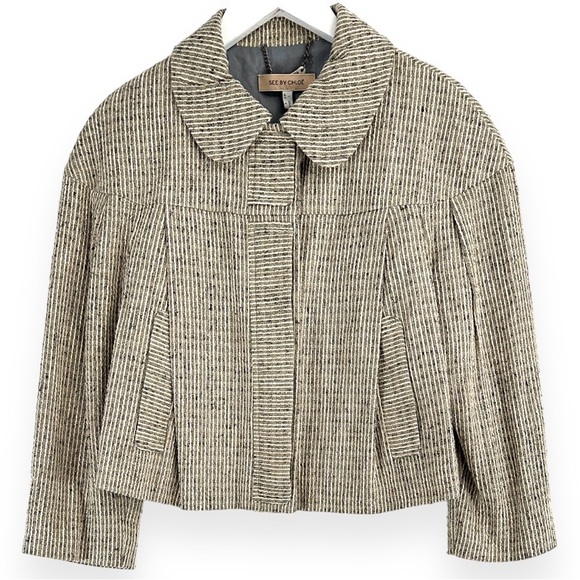 See by Chloe Gray White Striped Metallic Peter Pan Collar Textured Light Jacket - Picture 1 of 7